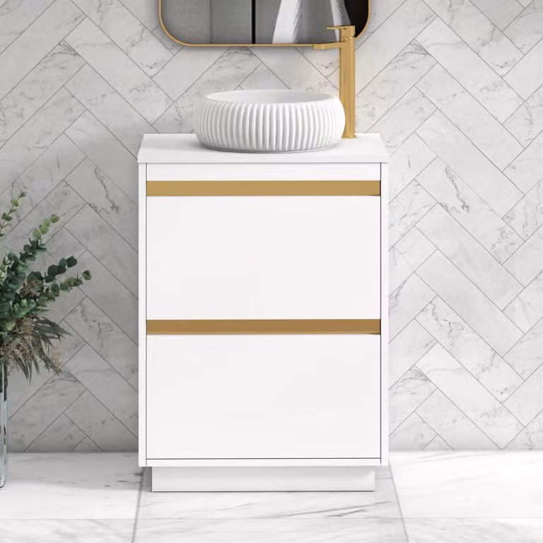 Royal Bathrooms Orion 600mm Matt White Floor Standing 2 Drawer Vanity Unit with Milan Basin and Brushed Brass Accent Trim