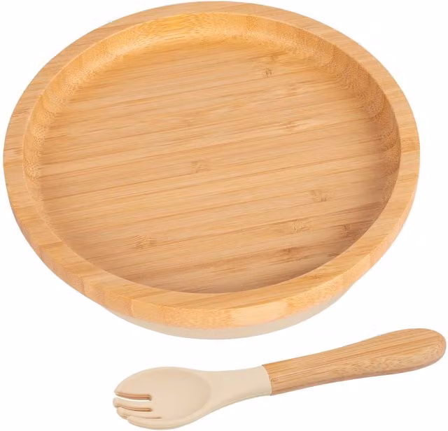 Tiny Dining Bamboo Round Baby Weaning Plate and Fork Set in Beige and Yellow