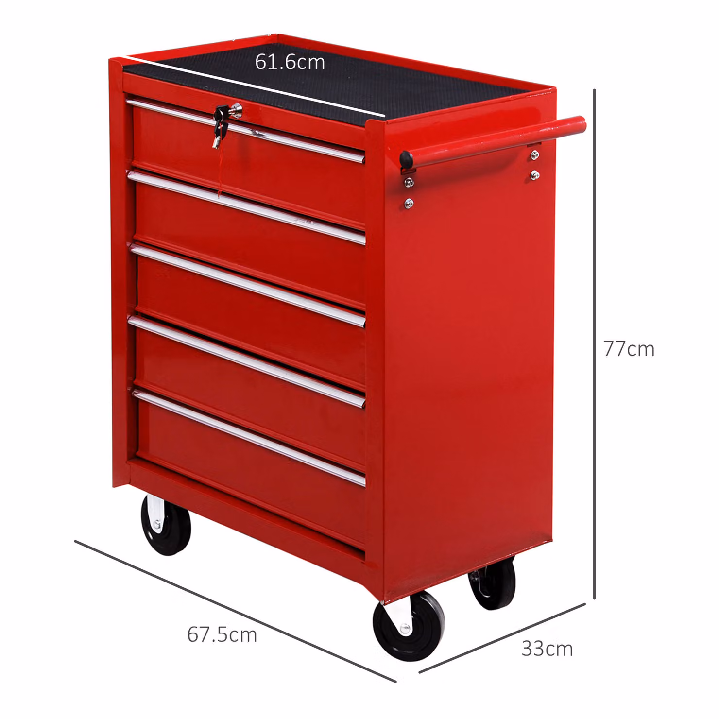 HOMCOM Red Steel 5 Drawer Lockable Tool Box on Wheels with Side Handle – 3