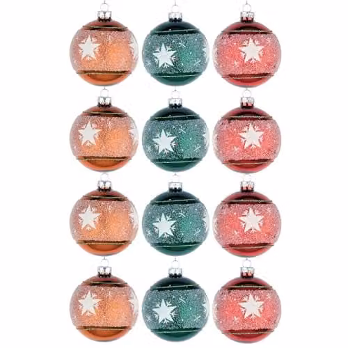 Shatchi 12-Piece Set of Red and Green Glass Christmas Baubles, 8 cm Round Hanging Ornaments