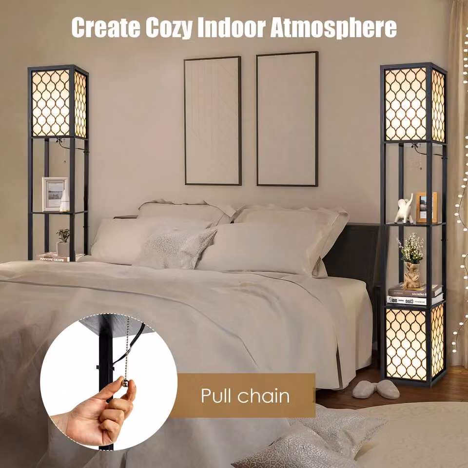 Costway Double Floor Lamp with 2-Tier Storage Shelves, Black and Wood, E27, H 156 x W 26 x D 26 cm – 5