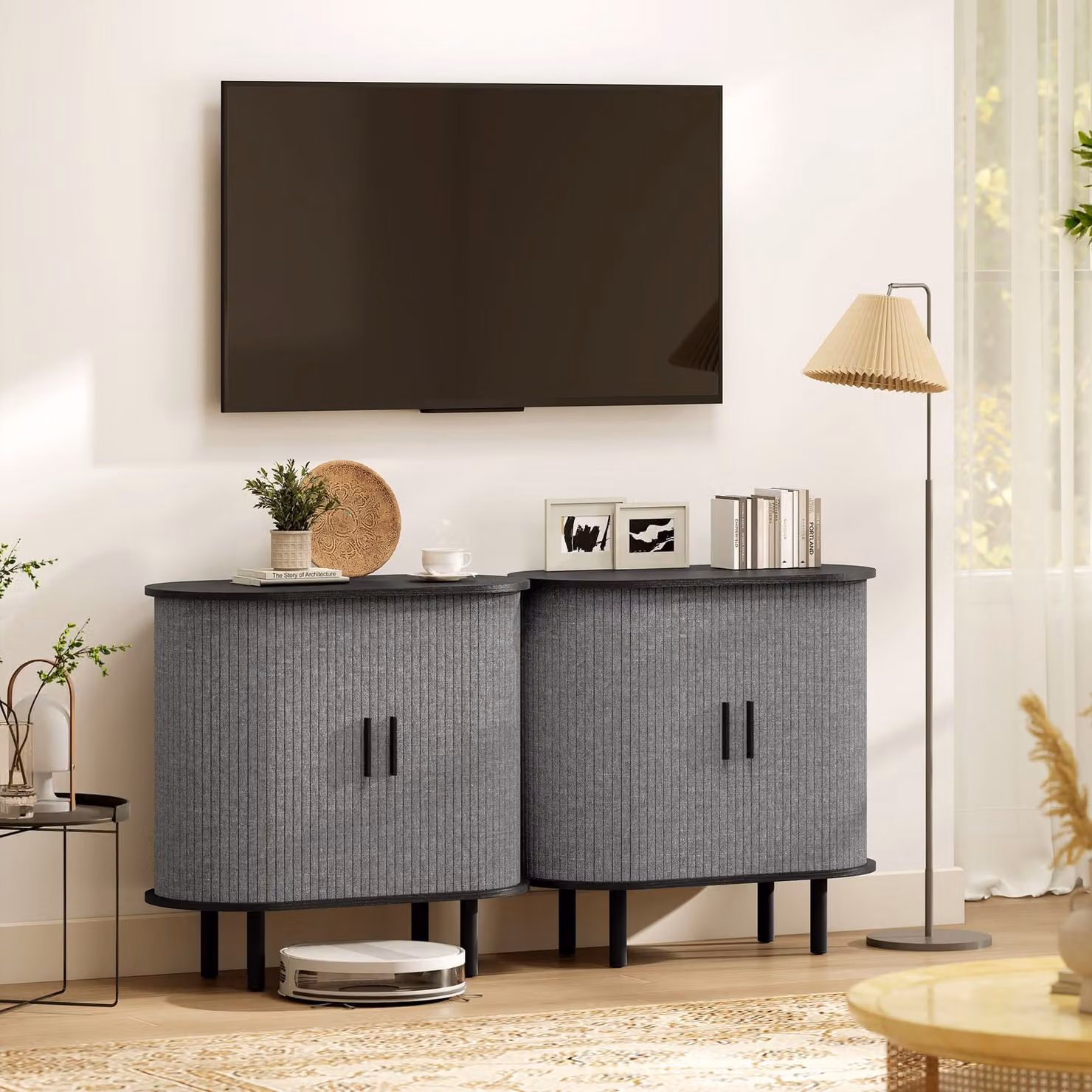 HOMCOM Modern Grey Tambour Sideboard with Fluted Sliding Doors and Storage Shelves – 6