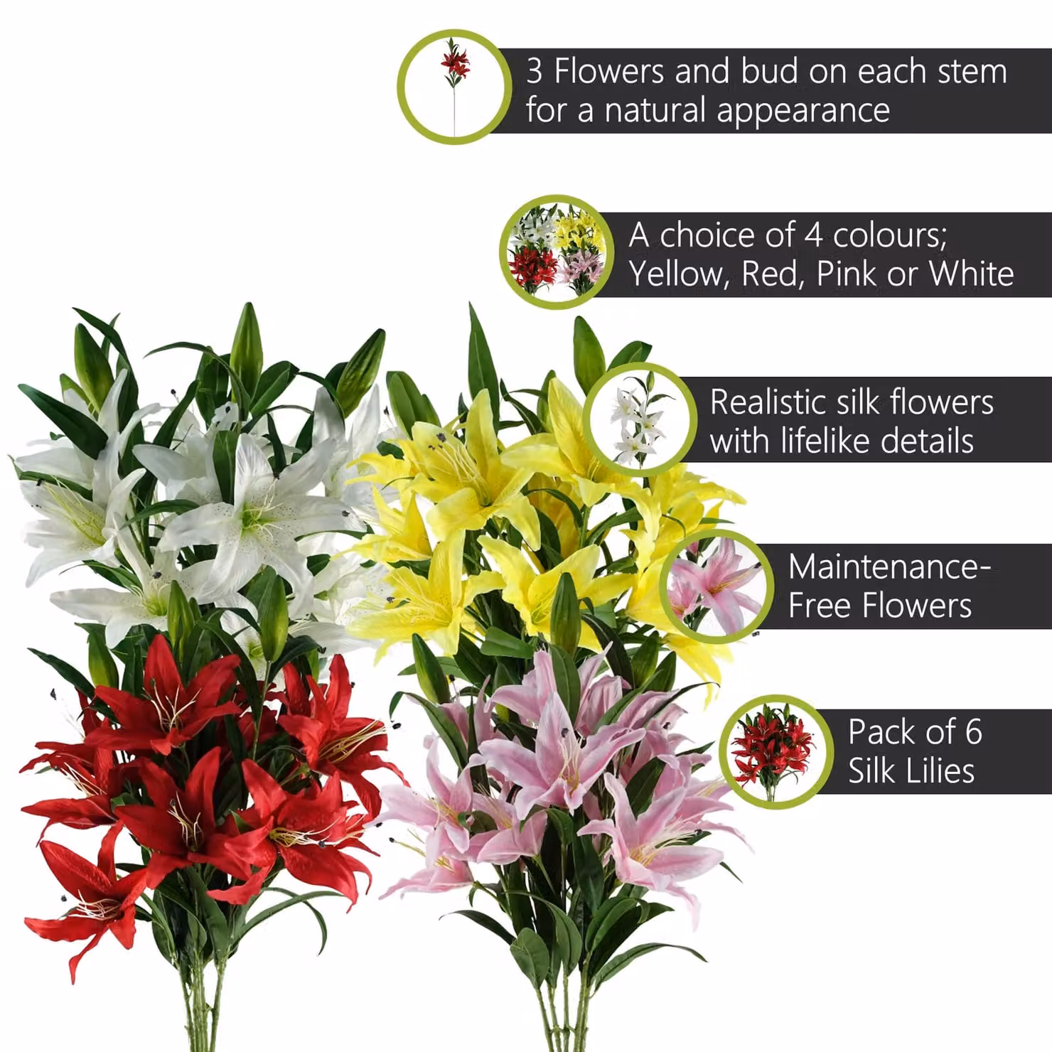 Pegdev Pack of 6 Artificial Lily Stems with 18 Textile Flowers, 100 cm Height, Available in White, Yellow, Red and Pink – 2