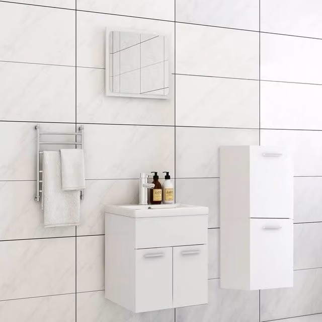 Berkfield Home Modern White Bathroom Furniture Set with Vanity Unit, Side Cabinet and Mirror Cabinet