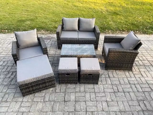 Fimous 7 Seater Outdoor Lounge Sofa Set in Dark Grey PE Rattan with Rectangular Coffee Table and Upholstered Cushions