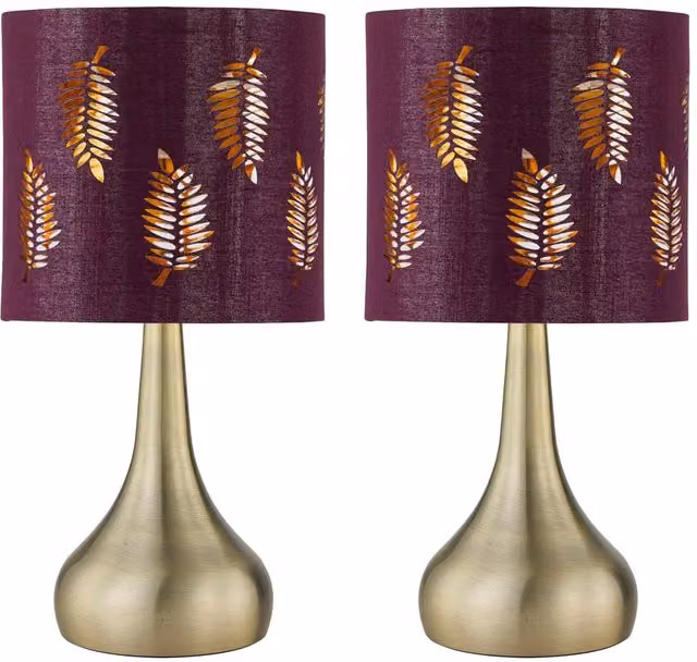 First Choice Lighting Romana Set of 2 Antique Brass Touch Table Lamps with Burgundy Fabric Shades – 1