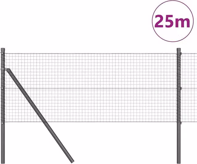 Berkfield Home Modern Welded Wire Fence with 13 Posts, Grey Powder-Coated Steel, W: 25 m, H: 0.6 m