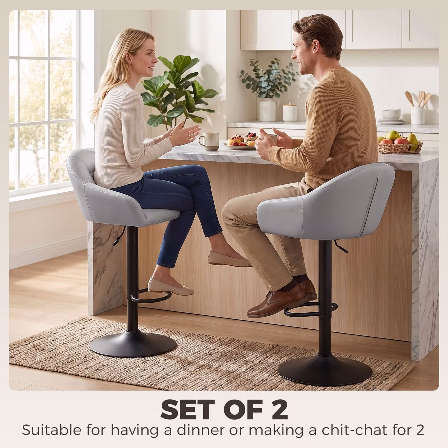 HOMCOM Set of 2 Grey Adjustable Height Bar Stools with Armrests and Backrests – 3