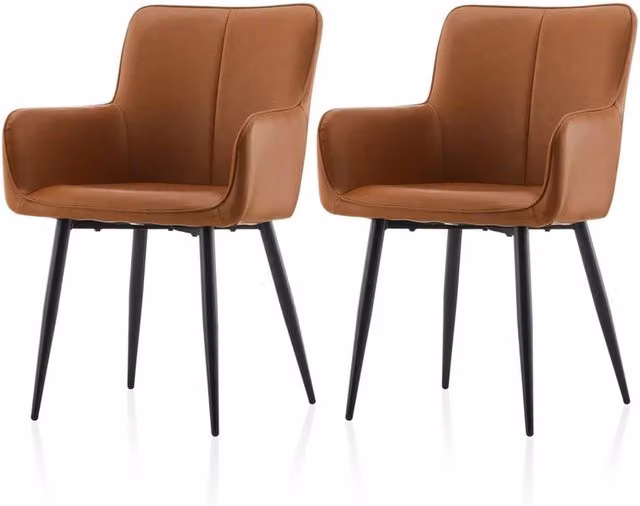SPETLEK Set of 2 Brown PU Leather Dining Chairs with Metal Legs