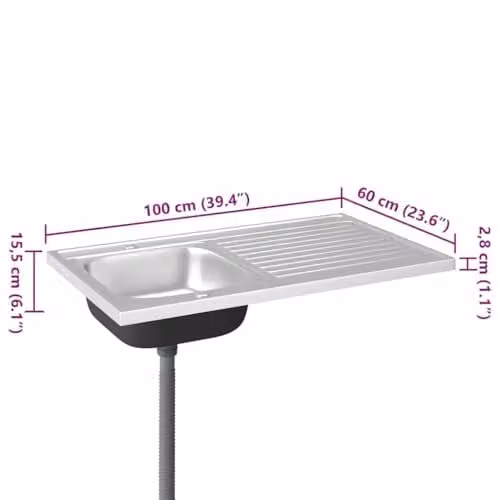 vidaXL Reversible Stainless Steel Kitchen Sink with Drainer Set, Silver, W/D/H: 100 x 60 x 15.5 cm