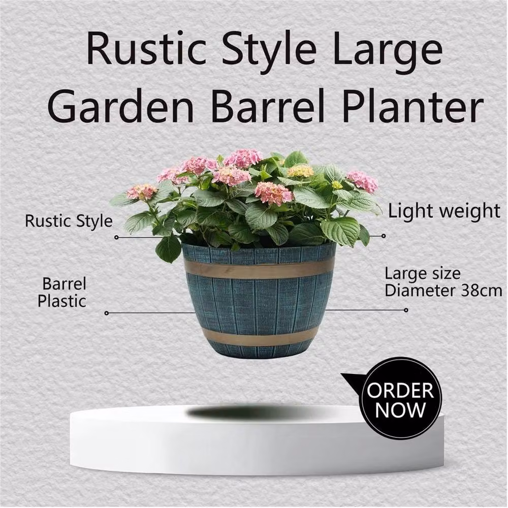 Havendro Blue Rustic Plastic Barrel Planter Tub Set of 2 – 2