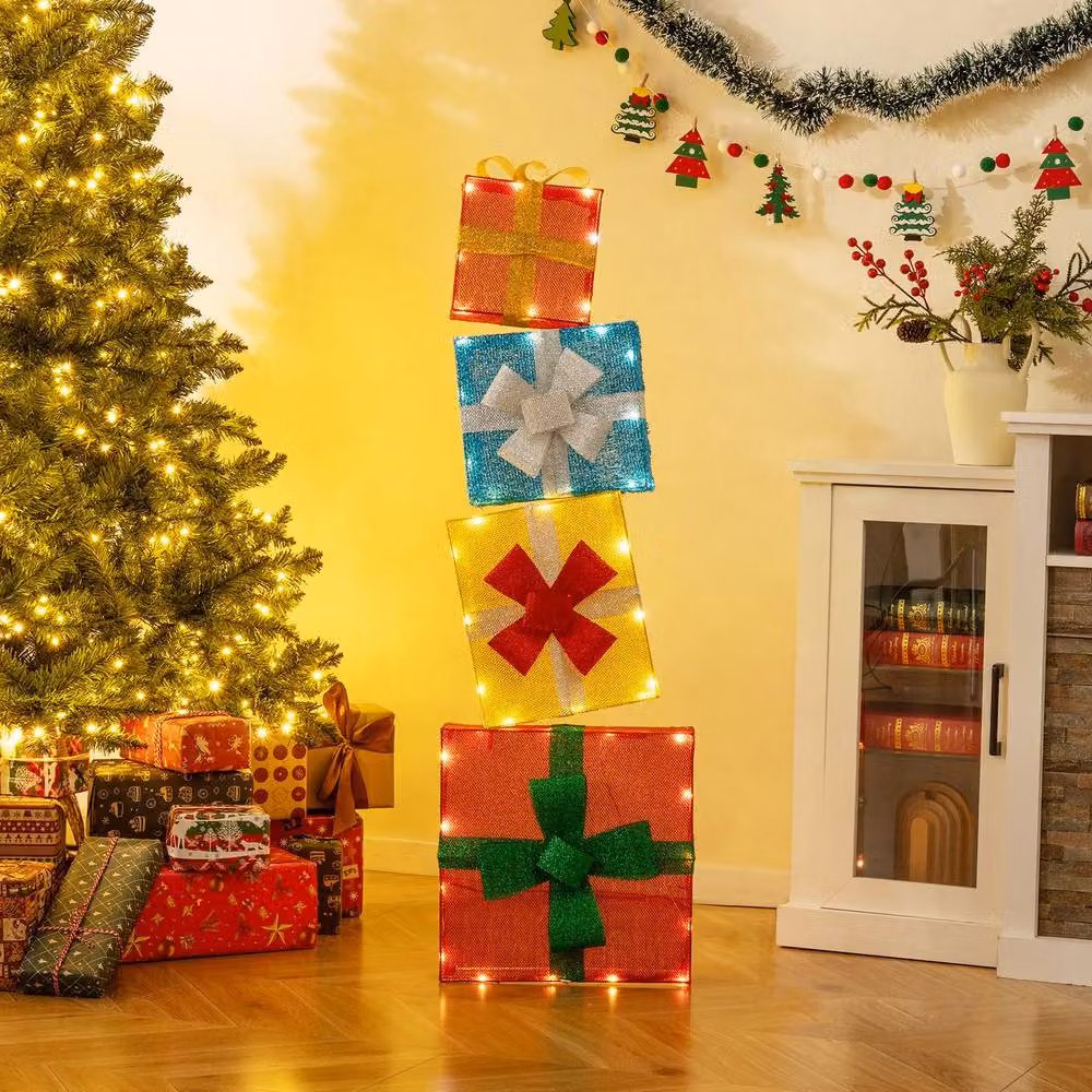 Costway 4 Ft Pre-lit Stackable Multicolour Christmas Gift Box Decorations – 5