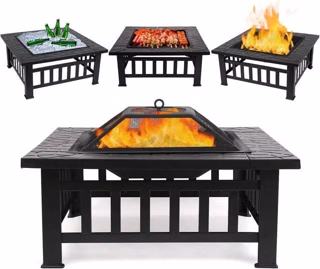 Alivio 3-in-1 Black Steel Outdoor Fire Table with BBQ Grill and Cover – 1