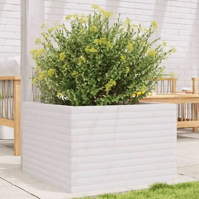 Berkfield Home White Solid Wood Pine Garden Planter Tub W: 70 cm, D: 70 cm, H: 45.5 cm