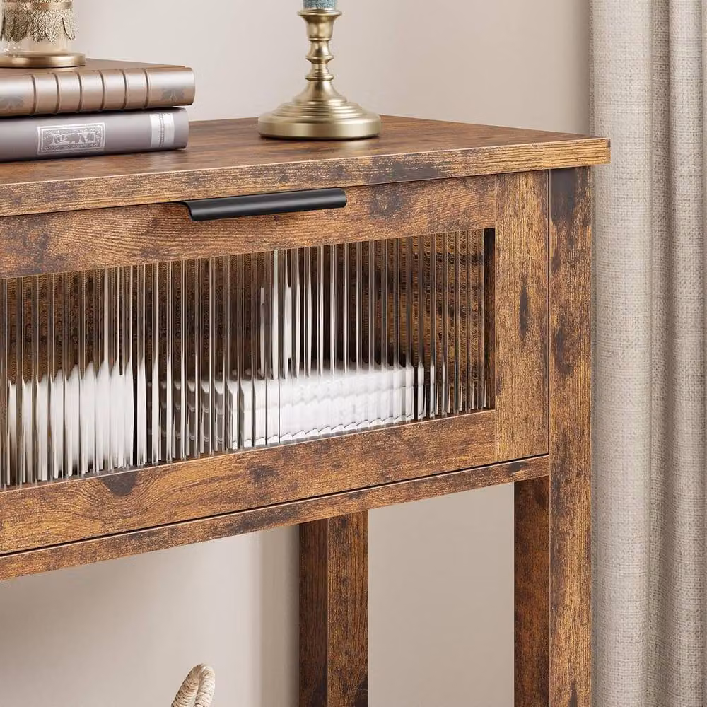 London Boutique Slim 2-Tier Console Table with Drawers in Brown – 3