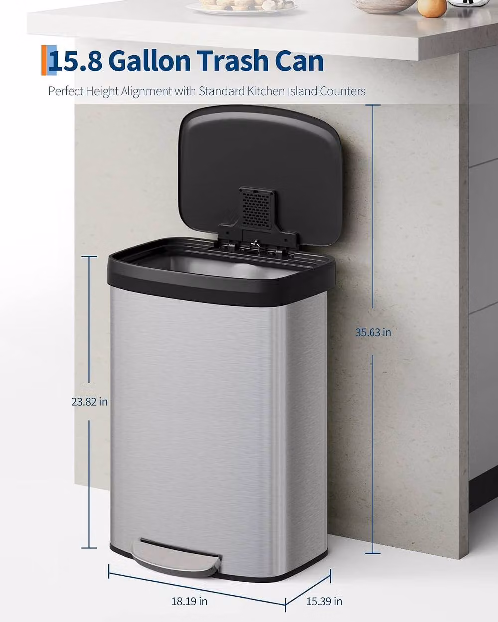 London Boutique 60L Stainless Steel Step-on Kitchen Trash Can with Soft-Close Lid in Silver – 5