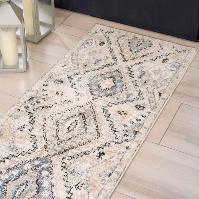 The Rug House Distressed Aztec Multicolour and Beige Ethnic Boho Living Area Rug, W: 600 cm x D: 60 cm