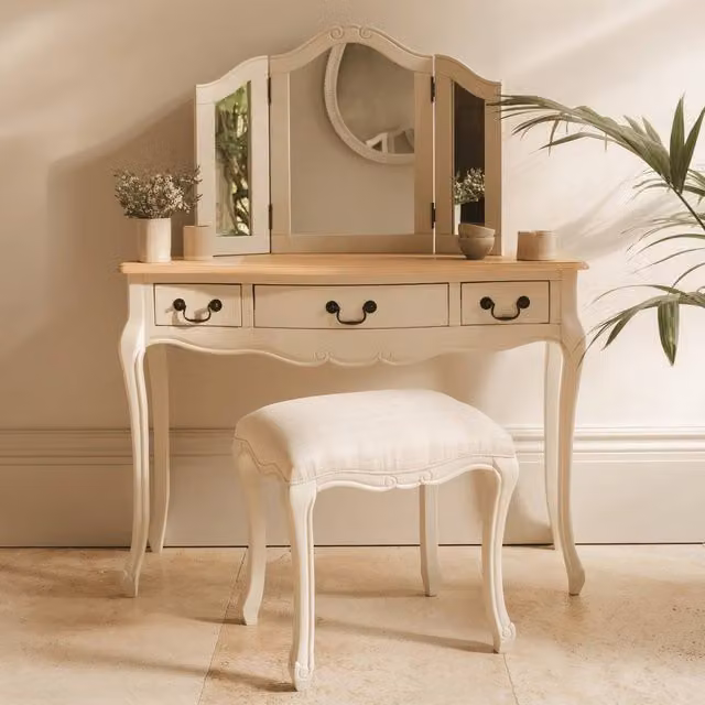 Statement Furniture Juliette Dressing Table Set with Stool and Tri-Fold Mirror in White