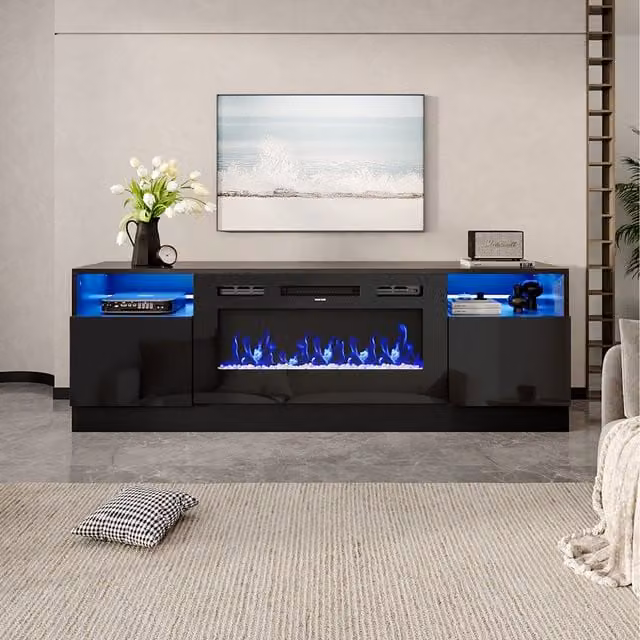 Livingandhome Modern Recessed Electric Fireplace with TV Cabinet and Crystal Stone Fuel in Black