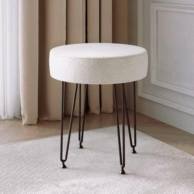 Carme Minimalist Bouclé Fabric Upholstered Stool with Black Metal Frame in White and Black