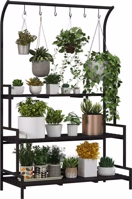 Outsunny 3 Tiered Plant Rack with Hanging Hooks in Black, H 170 x W 110 x D 30 cm – 1