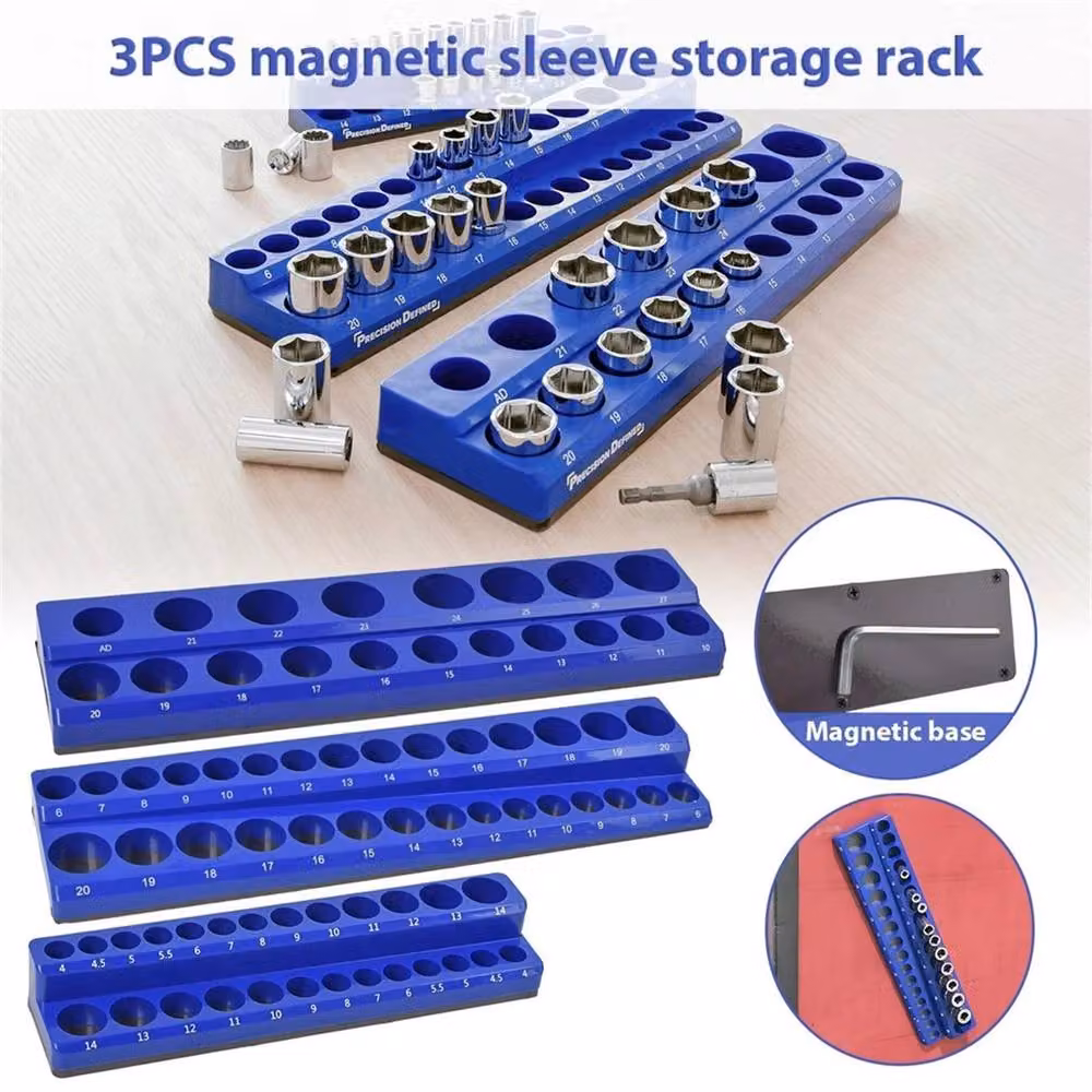 VOGREX 3-Piece Metric Magnetic Socket Organizer Tray Set, 1/4, 3/8 and 1/2 Drive Holder in Blue Steel – 3