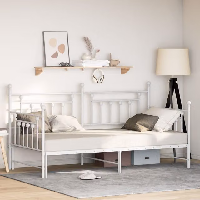 Berkfield Home Modern Metal Daybed Frame with Trundle in White, W/D/H: 90 x 200 cm