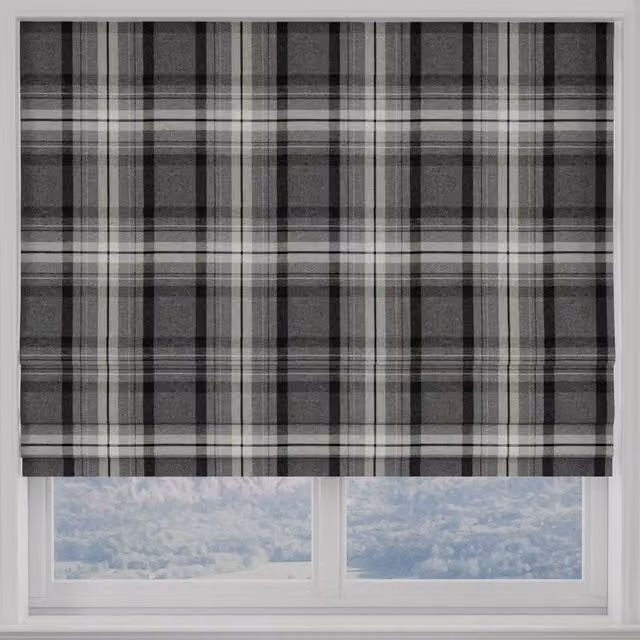 Terrys Highland Check Made to Measure Blackout Roman Blind in Charcoal Grey and Black