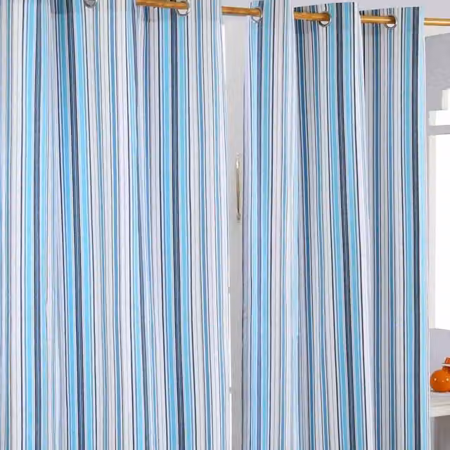Homescapes Blue Striped Cotton Eyelet Curtain Pair, W: 137 cm, H: 228 cm