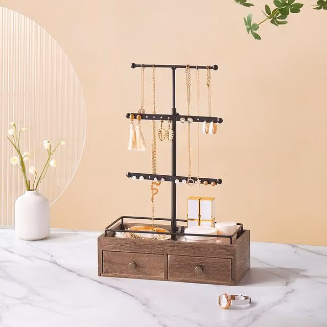 Livingandhome Solid Wood Jewellery Box with Retractable Display Stand and Storage Drawers in Brown