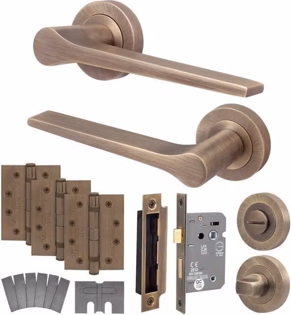 AFIT Antique Brass Fire Door Handle Bathroom Set in Bronze with 80mm Lock and 102mm Hinges