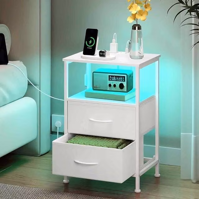 The Bazaarist Set of 2 Modern White LED Bedside Tables with Integrated Charging Station – 1