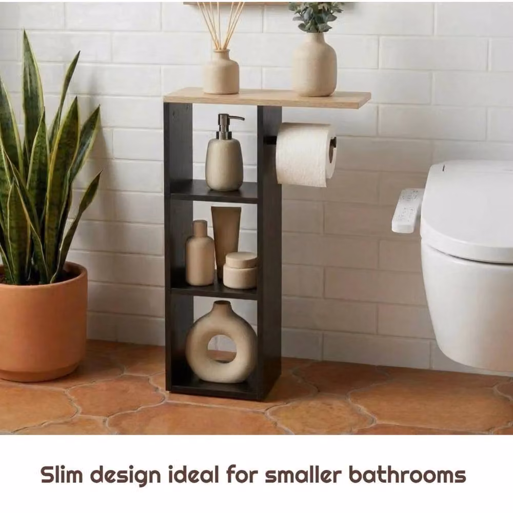FORGEVIO Black Wood Freestanding Toilet Roll Holder Bathroom Storage, H 60 x W 16 x D 16 cm – 3