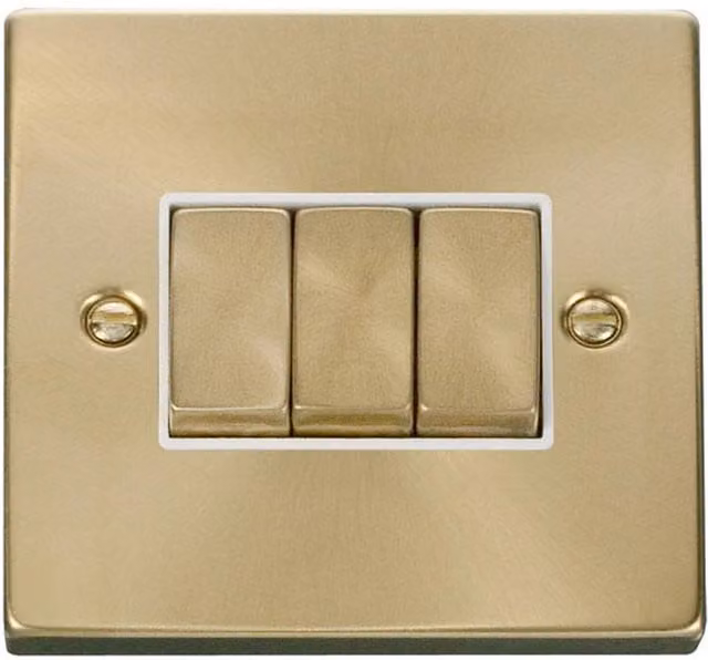 SE HOME Ingot 3 Gang 2 Way Surface Light Switch, Satin Brushed Brass and White