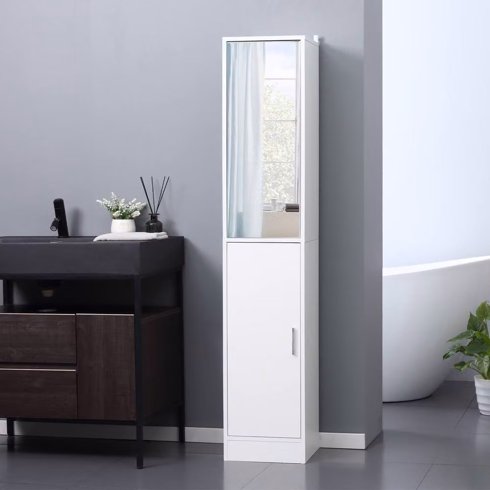 ERGOVEXA Tall White Wall Mounted Bathroom Cabinet with Glass Hinged Doors and Internal Shelves, H: 162 cm, W: 32 cm, D: 28 cm – 2