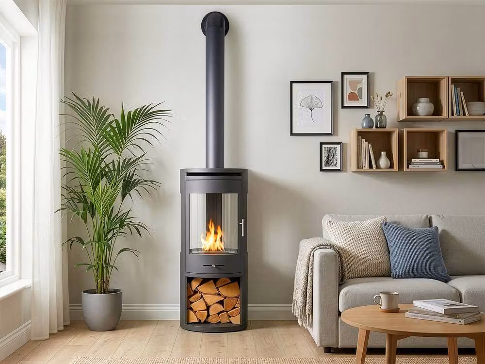 OKO S7 Bio Ethanol Panoramic Stove with Log Storage and Extra Tall Metal Pipe in Dark Grey – 2