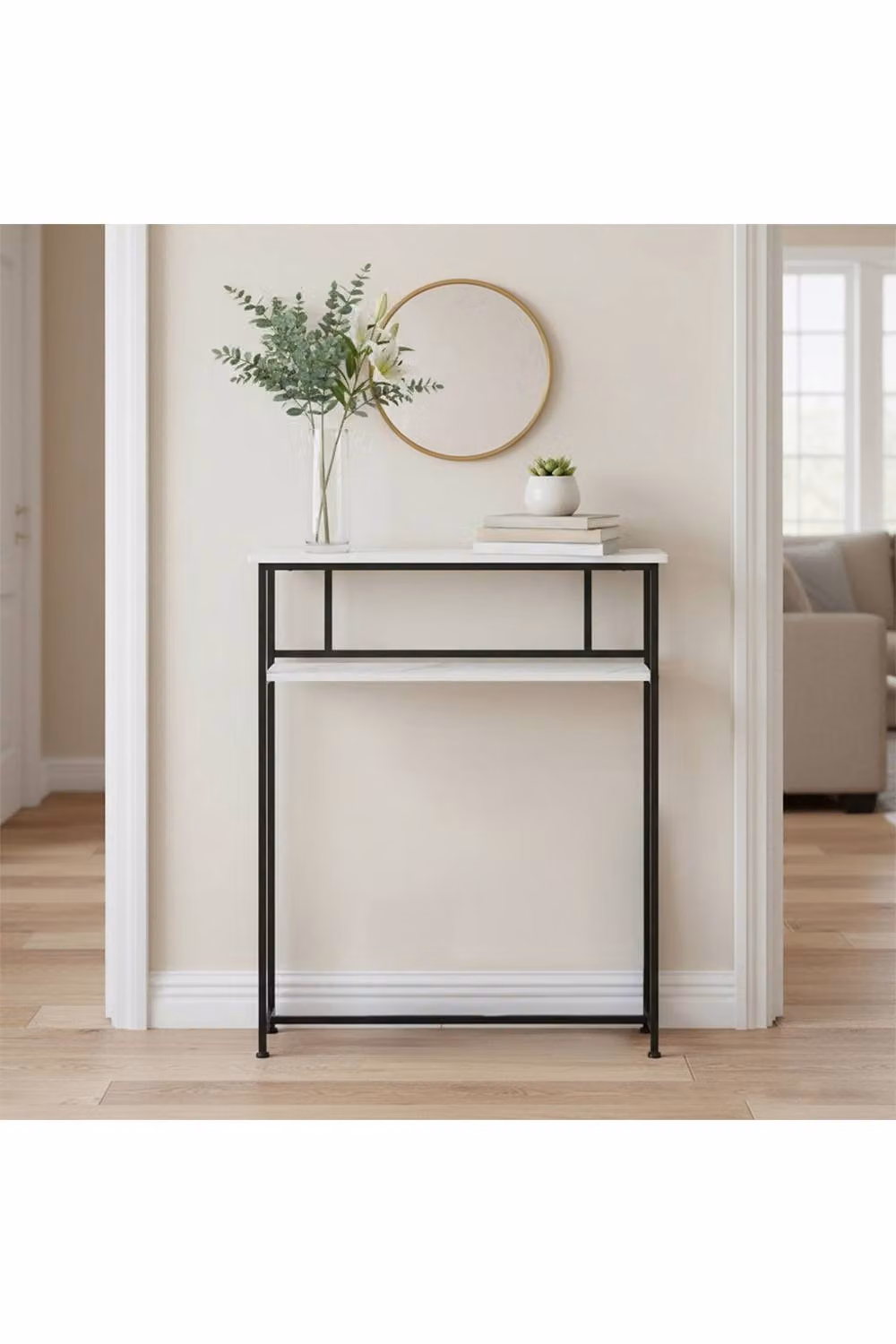 Living and Home 2-Tier Narrow Marble-Effect Console Table in White – 2