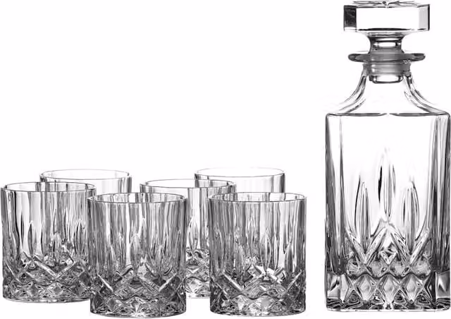 Royal Doulton 7 Piece Seasons Geometric Crystal Glass Decanter and Tumbler Set with Stopper, Clear