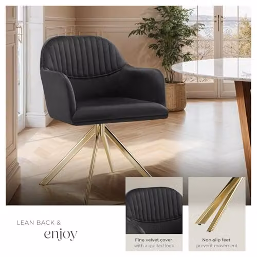 tectake Set of 4 Black and Gold Velvet Swivel Dining Chairs with Armrests and Steel Legs – 5