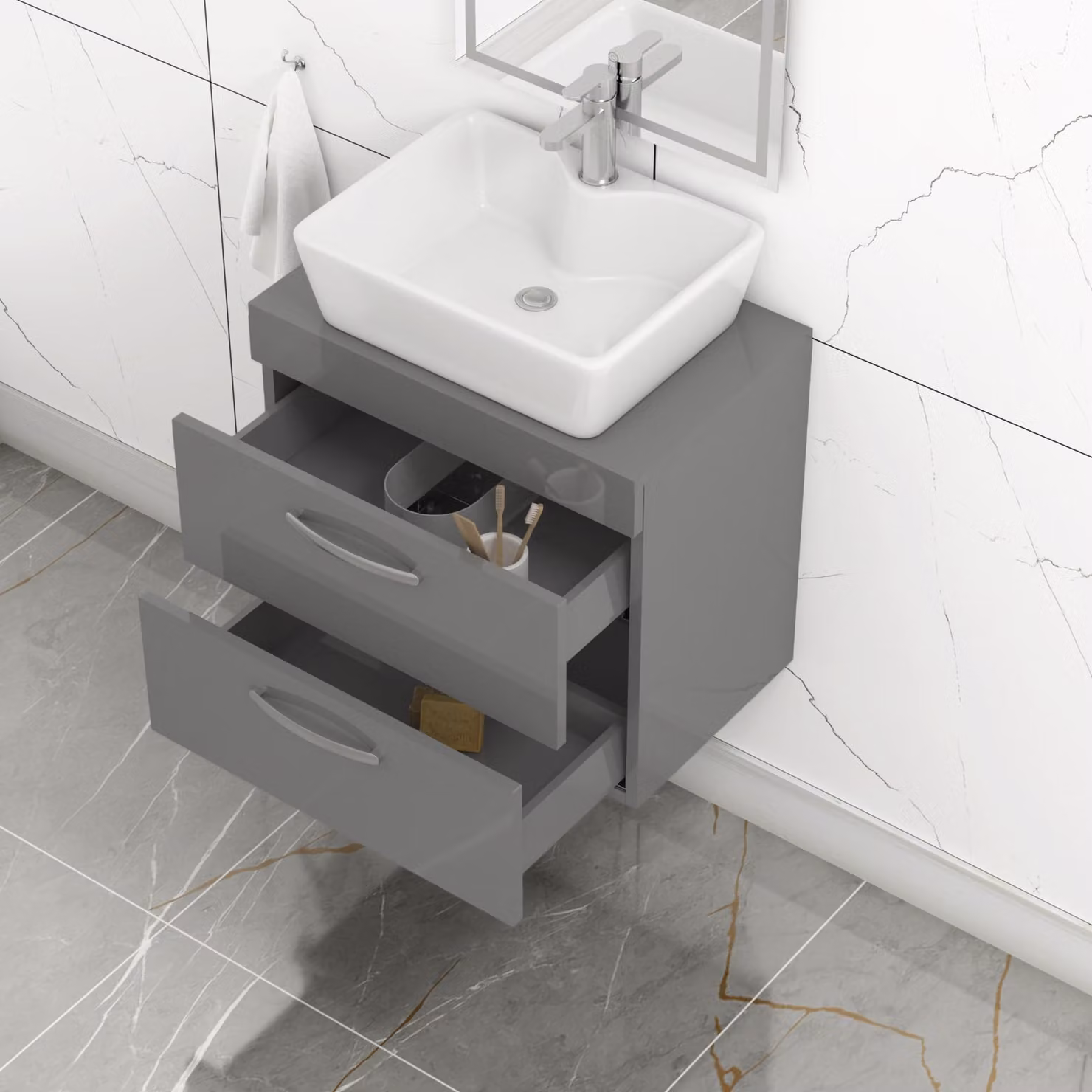 Royal Bathrooms Indigo Grey Gloss Wall Hung 2-Drawer Vanity Unit with Cube Countertop Basin