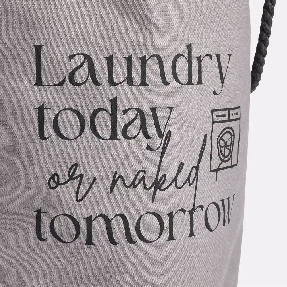 OHS Slogan Round Collapsible Fabric Laundry Hamper Bag with Rope Handles in Grey – 3