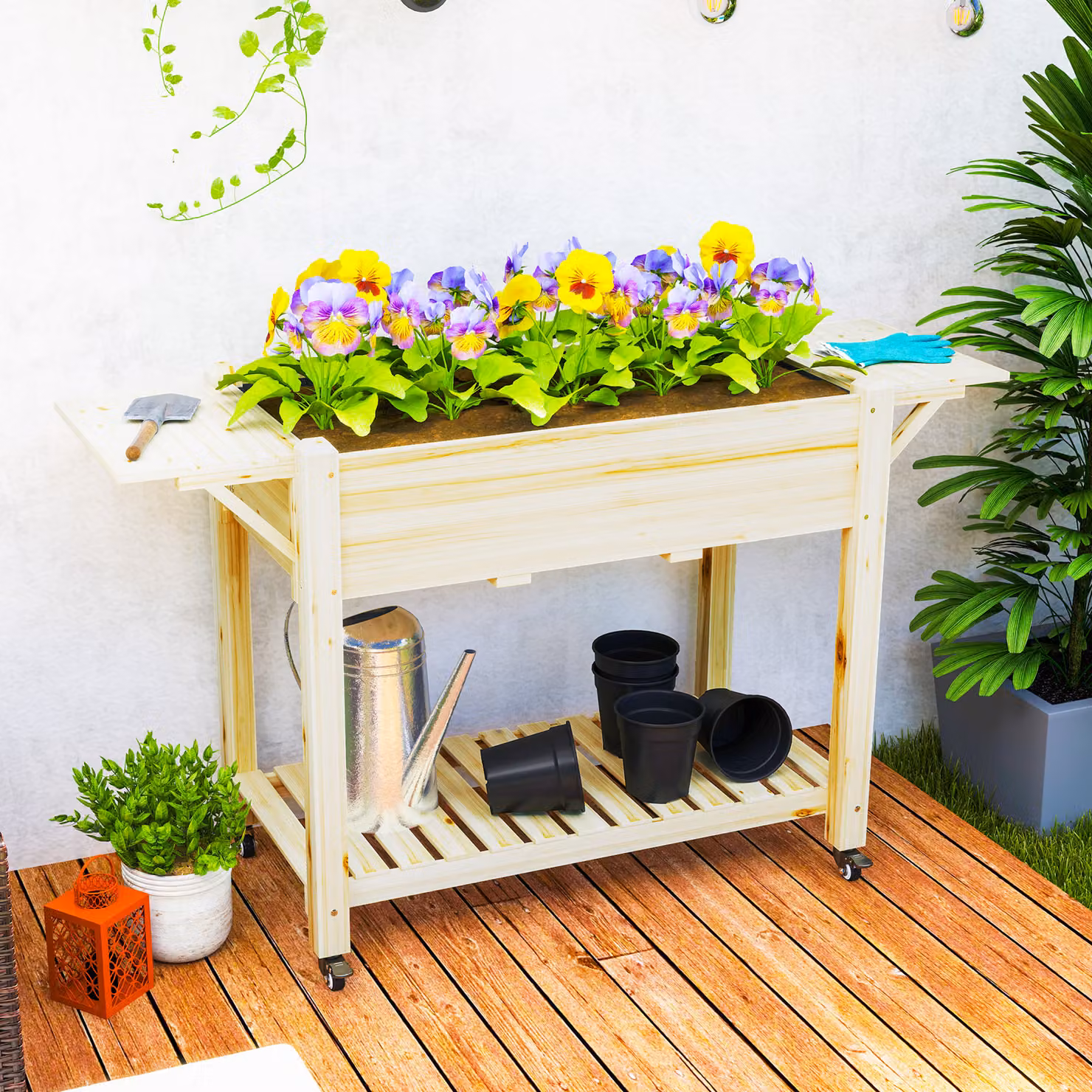 Outsunny Wooden Raised Garden Bed with Lockable Wheels, Side Tables and Bottom Shelf, Brown – 2