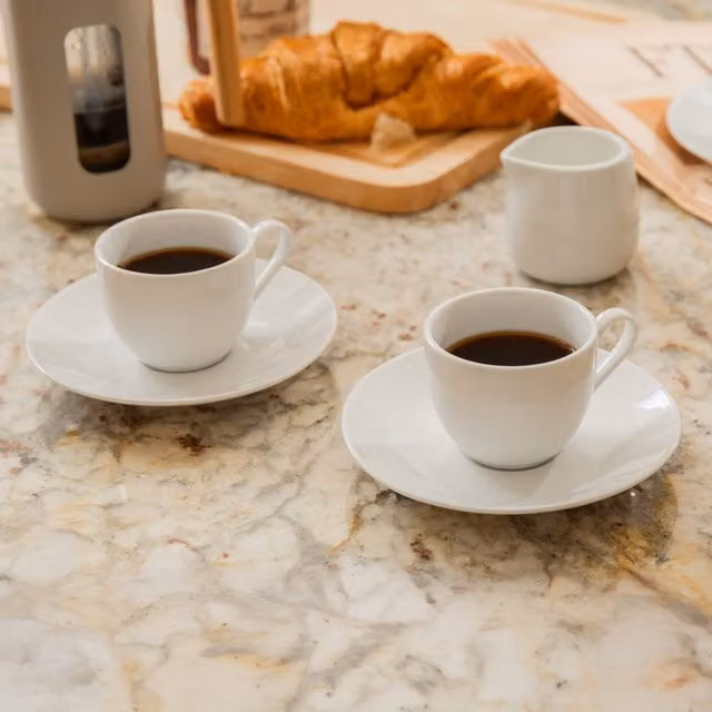 Mikasa Set of 2 White Porcelain Espresso Cups and Saucers, 90ml