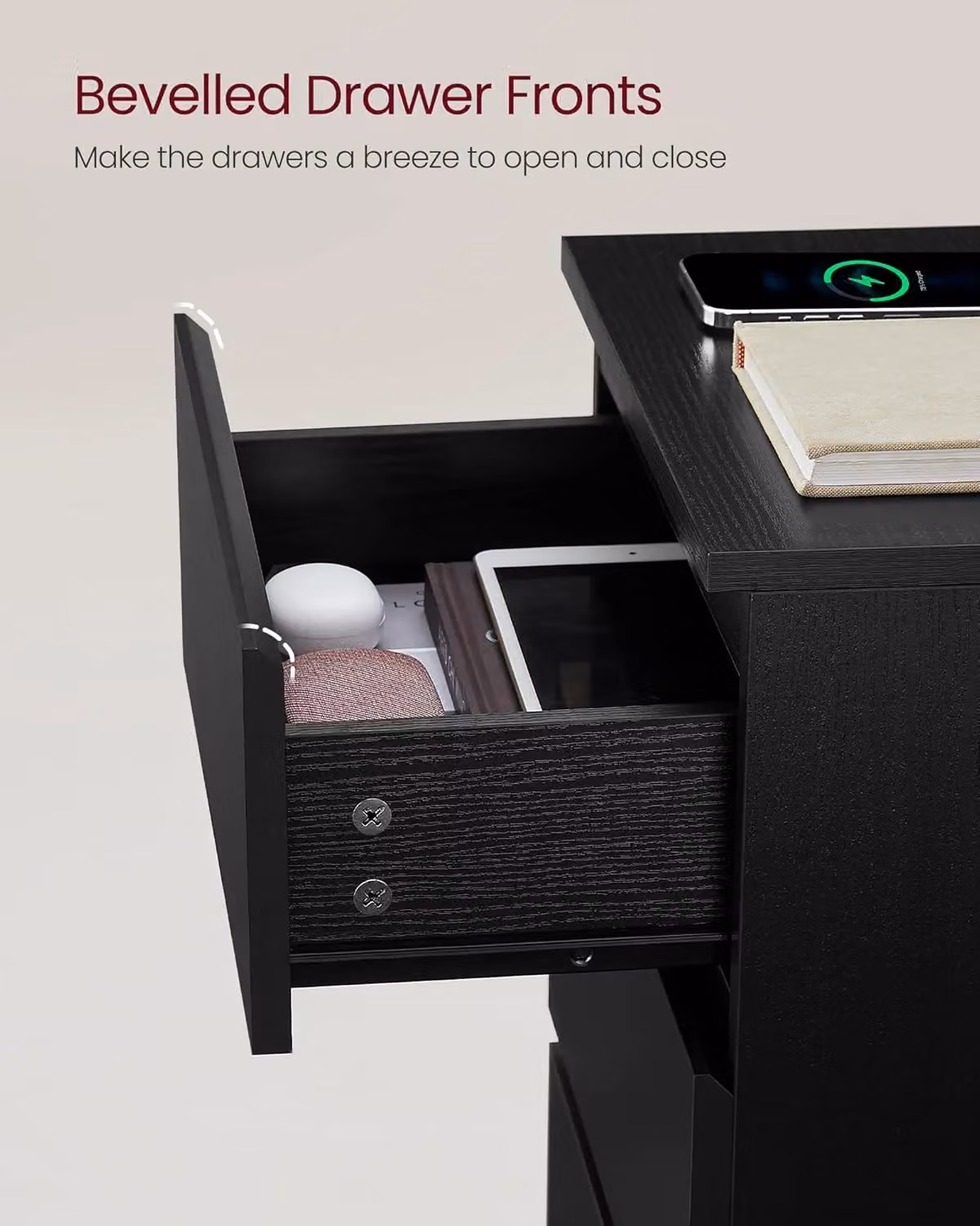 VASAGLE Set of 2 Modern Black Bedside Tables with USB Outlets and Drawers – 3