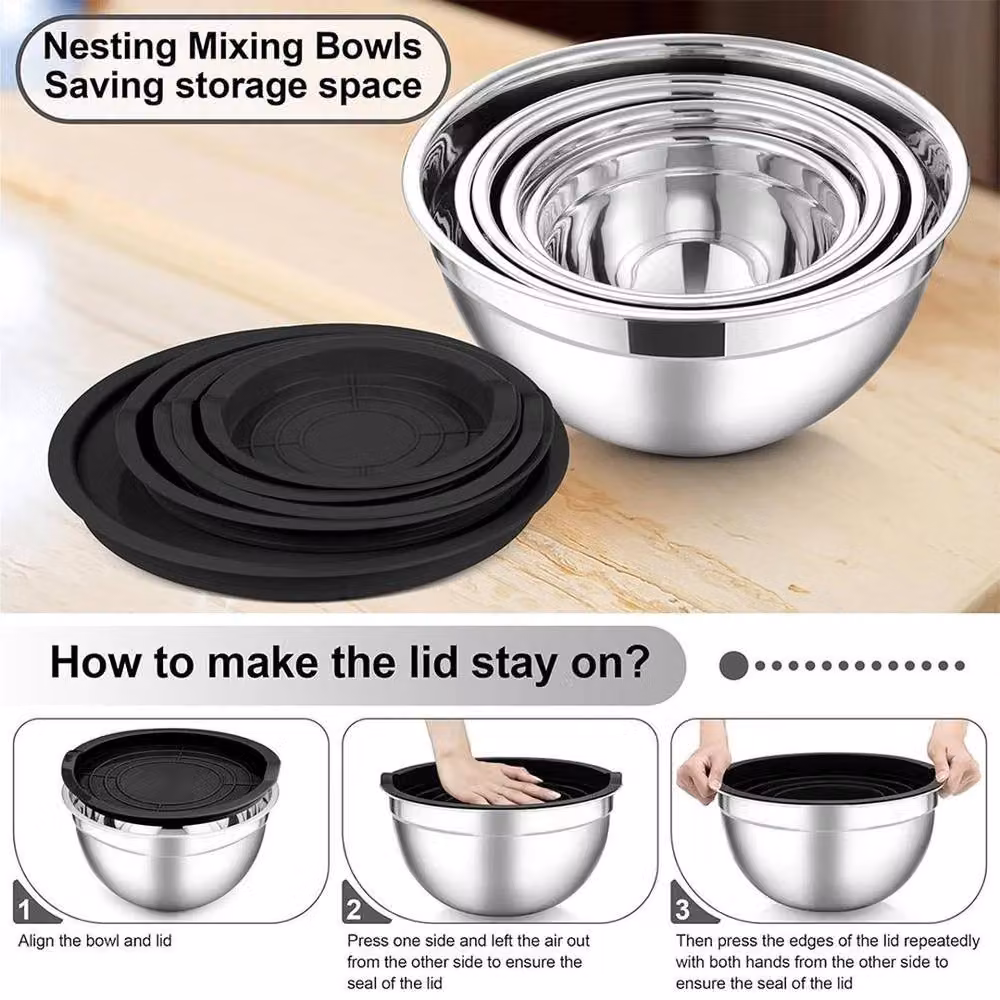 NESTLUNE Set of 5 Silver Stainless Steel Round Nesting Mixing Bowls – 3