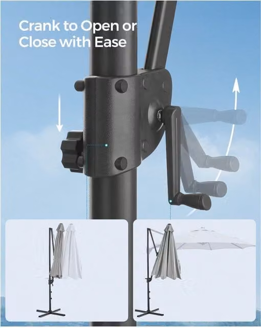 SONGMICS Grey Cantilever Garden Parasol Umbrella with 360 Degree Swivel, Tilt and Crank Mechanism, UPF 50 Polyester Canopy and Steel Frame