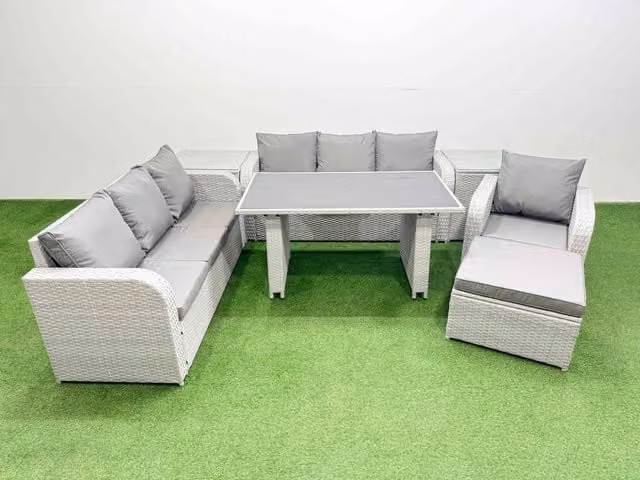 Fimous 8-Seater Patio Rectangular Table and Sofa Set with 2 Side Tables and Big Stool in Light Grey