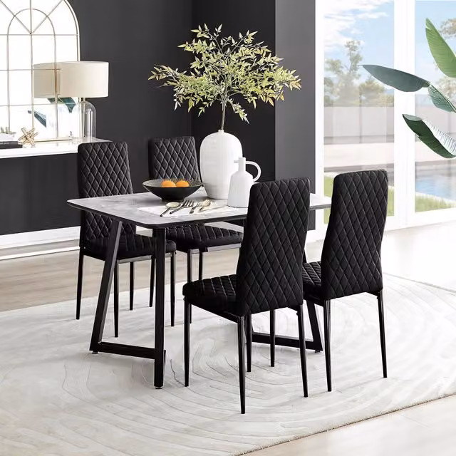 FurnitureboxUK Carson White Marble Effect Dining Table and 4 Grey Velvet Milan Chairs with Black Legs