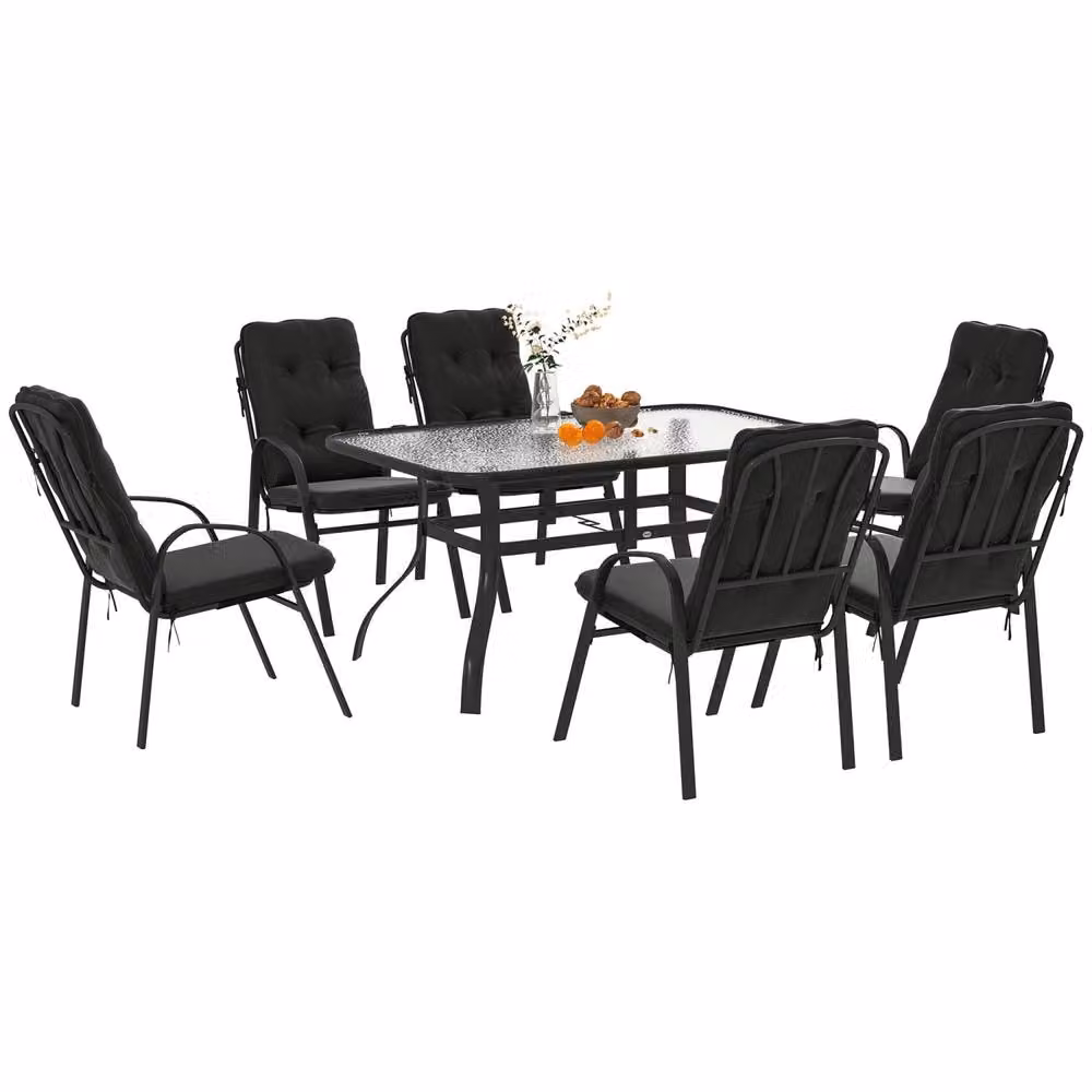 Wyld Haus Sahale 6 Seater Black Garden Dining Set with Glass Table and Padded Cushions – 2