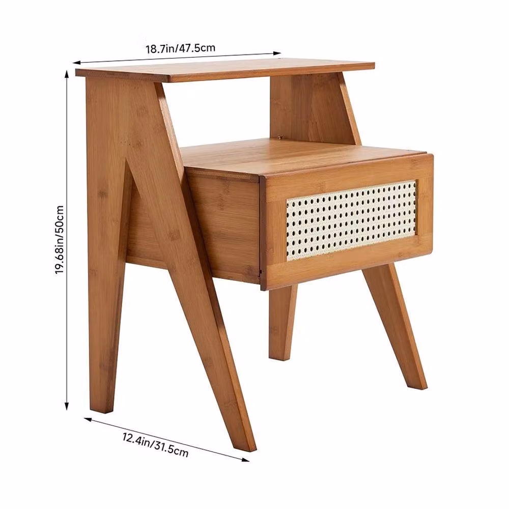 VOGREX Boho Wood and Rattan Bedside Table with Drawer in Brown and Multicolour – 2